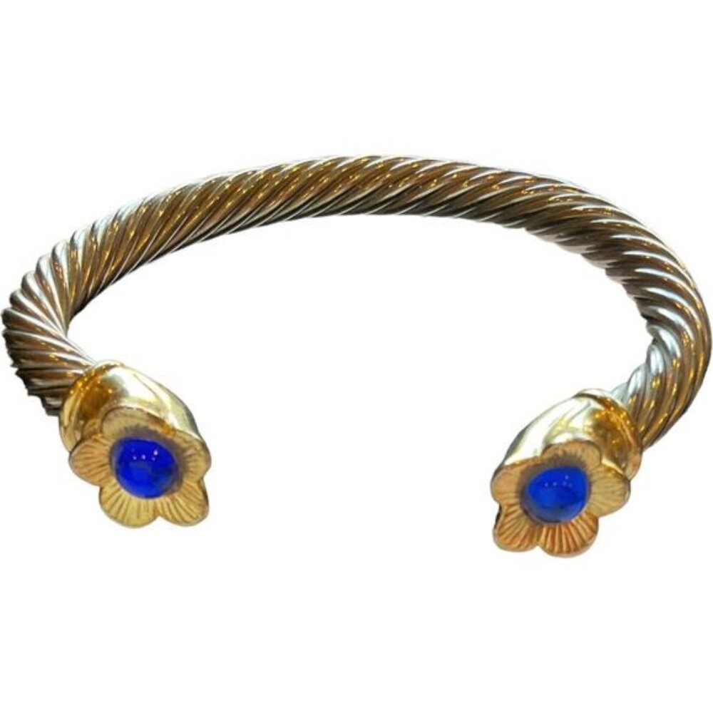 Vintage Gold & Silver Tone Twisted Cuff Bracelet With Blue Stone Flower Ends